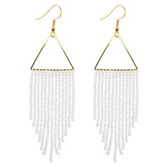 a pair of white beaded earrings with gold tone hooks and triangle shaped earwires