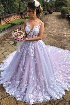 V-neckline Lace Floral Wedding Gown with Contrast Color Skirt sold by NarsBridal on Storenvy Prom Dresses Long White, Wedding Dress Necklace, Floral Wedding Gown, Lace Long Prom Dress, Colored Wedding Dress, Purple Wedding Dress, Long Train Wedding Dress, Lace Ball Gowns, Wedding Dress Train