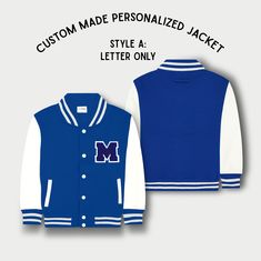 Personalized Kids Sweatshirt Varsity Jacket ROYAL BLUE/WHITE School Shirt Designs, Varsity Letter, Varsity Jackets, Louise Misha, Embroidered Name, The Great White, Blue Birthday, Kids Sale, White Flats