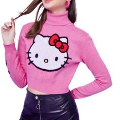 Hk2 998 New Pink Long Sleeve Turtleneck Top With Hello Kitty Face 50% Viscose, 28% Polyester, 22% Nylon Machine Wash Bundle & Save! Hot Pink Turtleneck, Pink Turtleneck, Lantern Sleeve Sweater, Raglan Sleeve Sweater, Hello Kitty And Friends, American Girl Clothes, Graphic Sweaters, Stylish Sweaters, Drop Shoulder Sweaters