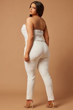 Available In White. Pearl Embellished Top Strapless Straight Neckline Mesh Insert Back Zipper Skinny Leg Pant Hidden Back Zipper Stretch Shell 1: 100% Polyester Shell 2: 100% Nylon Lining: 100% Polyester Pant Shell: 95% Polyester 5% Spandex Imported | Eva Embellished Pearl Pant Set in White size XS by Fashion Nova Chic Fitted Embellished Bottoms, Glamorous Fitted Embellished Pants, Glamorous Embellished Fitted Pants, Chic Embellished Fitted Pants, Chic High Waist Embellished Pants, Glamorous Embellished Bottoms For Wedding, Fitted Embellished Trousers, Chic Stretch Bottoms For Wedding, Embellished Fitted Trousers