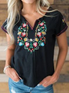 Gender:?WomenType:?T-ShirtsFeature:?Vintage Embroidered, V-Neck, Short Sleeve?Material:?PolyesterStyle:?Casual/FashionColor:?Black, Red, Blue?Size:?S, M, L, XL, 2XL, 3XLPlease Note:?All Dimensions Are Measured Manually With A Deviation Of 1 To 3cm. Retro Embroidery, Women's T Shirts, Online Clothing, Spring Outfits, Casual Chic, Short Sleeves Tops, Dress Up, Short Sleeves, T Shirts For Women