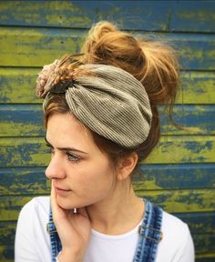 Khaki beige green fleece lined turban head band with a vintage style floral design embellishment. A real statement piece with a standard width inner Alice band attached within the lining to provide an easy to wear design. These designs are based on the 1940s land girl style and 1950s Rockabilly fashions. Our range of turban bands are the perfect easy to wear accessory and are worn exactly as an Alice band finishing behind the ears. (These bands do not go all the way around the back of the head, Hippie Style Headwrap, Bohemian Green Headwrap As Headband, Bohemian Green Headwrap Style Headband, Hippie Style Headwrap One Size, One-size Hippie Style Headwrap, One Size Hippie Style Headwrap, Bohemian Turban With Matching Headband, Adjustable Brown Bohemian Turban, Casual Spring Turban Styled As Headband