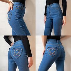 Rainbow Love Heart Bell Bottom Jeans [Handmade] Fitted Heart Print Bottoms For Spring, Casual High Waist Heart Print Bottoms, Heart Pocket, Baby Tees Y2k, Y2k Baby Tee, Bottom Jeans, Blouse Jeans, Jeans Y2k, Comfy Fashion