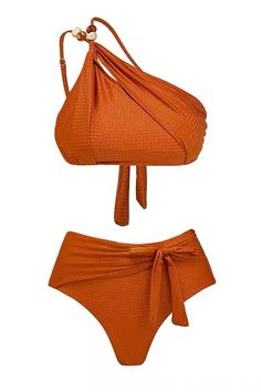 The Samira Orange One Shoulder Bikini exudes elegance and allure. This stylish and fashionable bikini features a one-shoulder design that effortlessly enhances your curves. With a high waist bottom, it provides both comfort and a flattering fit. Perfect for a beach getaway or poolside lounging.  Materials: 100% Polyester Stretch Type: Slight Stretch Washing method: Hand wash  The model is 5 ft 7 and wears size S  Color may vary due to lighting on images. The product images (without a model) are Orange Terracotta, Orange Swimsuit, One Shoulder Swimsuit, Middle Age Fashion, Monokini Swimsuits, Swimwear Women, Swimsuit Set, Beachwear For Women, Retro Chic