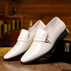 Russoo - Versatile Mens Slip-On Dress Shoes: Elevate Your Wardrobe with a Range of Sophisticated Colors, Perfect for Smart Casual Attire and Comfortable Walking Formal White Pointed Toe Dress Shoes, White Pointed Toe Dress Shoes For Formal Occasions, White Dress Shoes For Business In Spring, Classic White Dress Shoes For Party, Fitted White Dress Shoes For Office, White Dress Shoes For Workwear In Spring, White Dress Shoes For Spring Work, White Spring Dress Shoes For Workwear, Spring White Dress Shoes For Work