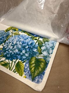 a blue and green flowered placemat sitting on top of a table next to a plastic bag