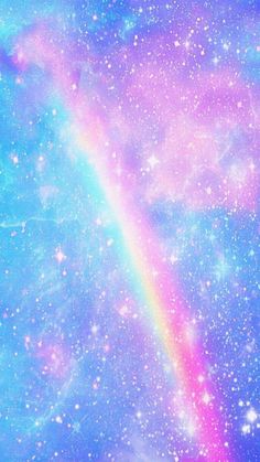 an image of a rainbow in the sky with stars and clouds on it's side