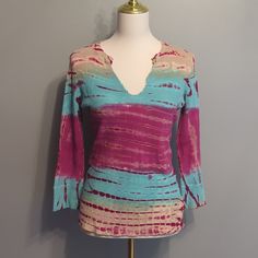 I Think I Can Call This Vintage!? This Top Is At Least 20 Years Old. But Looks Brand New. Size Large. 100% Soft Cotton. Multicolor 3/4 Sleeve Top For Vacation, Multicolor Summer Tops With 3/4 Sleeves, Multicolor 3/4 Sleeve Tops For Summer, Multicolor 3/4 Sleeve Tops For Beach, Pink Cotton Top With 3/4 Sleeves, Multicolor Fitted Tops With 3/4 Sleeves, Fitted Multicolor Tops With 3/4 Sleeve, Fitted Beach Top With 3/4 Sleeves, Fitted Top With 3/4 Sleeve For Beach