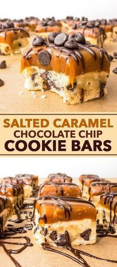 salted caramel chocolate chip cookie bars on parchment paper with text overlay that reads salted caramel chocolate chip cookie bars