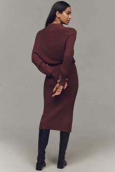 50% viscose, 28% polyester, 22% nylon bodice; 45% viscose, 28% nylon, 26% polyester, 1% elastane skirt Pullover styling Machine wash Imported | Long-Sleeve Slim Sweater Midi Dress by Anthropologie in Brown, Women's, Size: Smallmall, Polyester/Nylon/Viscose Sweater Midi Dress, Slim Sweater, Workwear Fashion, Sweater Dress Midi, Sweater Design, Office Outfits, Pullover Styling, Midi Skirt, Work Wear