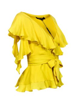 Live life on the sunny side in this bright and bubbly blouse from Elie Saab! The classic wrap blouse is given a vibrant upgrade with a yummy yellow hue, whimsical ruffled trim and chic cold shoulder cutouts. The perfect statement top for brunch parties, backyard get-togethers and beyond! Go colorful and eye-catching when you pair this beauty with radiant white jeans and woven wedges. Size 2 (EU 36) No fabric content available, most likely silk or silk blend Front wrap closure w/ snaps at waist L V-neck Party Top With Ruffle Hem, Yellow V-neck Top For Party, Spring V-neck Blouse With Ruffle Hem, Elegant Yellow Summer Blouse, Yellow V-neck Ruffle Blouse, Yellow Party Blouse For Spring, Yellow Ruffled Long Sleeve Blouse, Yellow Ruffled Long Sleeve Tops, Yellow Ruffled Blouse For Party