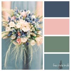 a wedding color scheme with blue, pink and green flowers in the center is an image of a bride's bouquet