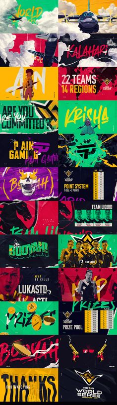 a series of posters with different colors and designs on them, all showing the names of various sports teams