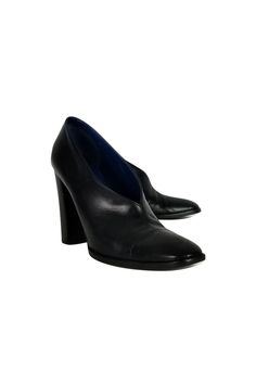 Current Boutique-Celine - Black Slip On Heels Sz 9 Modern Slip-on Heels With Square Toe, Square Toe Court Shoes With Contrasting Heel For Office, Business Slip-on Heels With Pointed Toe, Square Toe Court Shoes With Contrasting Heel For Work, Business Court Shoes With Contrasting Heel And Square Toe, Formal Court Shoes With Contrasting Heel For Fall, Square Toe Heels For Workwear In Fall, Slip-on Round Toe Heels For Office, Slip-on Heels With Round Toe For Office