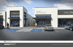 an artist's rendering of the exterior of a salon with cars parked in front