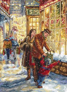 a cross stitch picture of a man and woman walking down the street in the snow