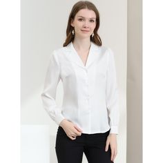 Complete your chic style with this satin button-up shirt. This satin button-up shirt features button cuffs and a notch collar perfectly. Pair it with jeans and work pants for your casual chic look. To create an elegant image with a classic design. Look smart and classic in this shirt finished with solid color fabric. With shiny and smooth fabric, this satin shirt makes you look elegant and romantic. Formal V-neck Shirt With Button Closure, Single Breasted Blouse For Work, Formal Solid Blouse With Placket, Single Breasted Button-up Blouse For Work, Formal Blouse With Placket, Workwear Lapel Collar Single Breasted Blouse, Workwear Blouse With Single Breasted Lapel Collar, Lapel Collar Blouse With Placket For Work, Office Shirt With Button Closure And Collared Neckline