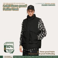 This season, enjoy the luxurious comfort of INFLATION's Plain Windproof Stand Collar 90% White Duck Puffer Sleeveless Jacket. This sleeveless, windproof design features a stand collar with a premium 90% white duck lining for superior insulation and style. Enjoy superior protection from the elements without sacrificing elegance. Techwear Vest For Fall Outdoor Activities, Fall Outdoor Techwear Vest, Functional Winter Streetwear Vest, Black Windproof Vest For Winter, Functional Solid Winter Vest, Winter Functional Solid Vest, Functional Solid Color Winter Vest, Sleeveless Outdoor Outerwear With Padded Collar, Sleeveless Outerwear With Padded Collar For Outdoor