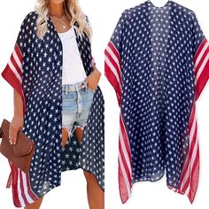 Usa Flag Resort Boho Floral Color Print Kimono Arrives New Kimono With Bohemian Red , White , Blue Print, Loose Casual Resort Wear Deets: Material: 100% Viscose Length 37 Inch/95cm, Width 39 Inch/100cm. Features: Oversized. Perfect For Going Out,Daily Wear,Party,Beach,Swimwear,Street Wear, Ect White American Flag Print Tops For Beach, White American Flag Print Top For Beach, White American Flag Print Top For The Beach, White Tops With American Flag Print For Beach, American Flag Print Summer Beach Top, American Flag Print Beach Top For Summer, American Flag Print Tops For Summer Vacation, Patriotic Beach Tops With Flag Print, Summer Vacation Tops With American Flag Print