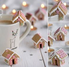 some cookies are in the shape of houses next to a cup of hot chocolate and marshmallows