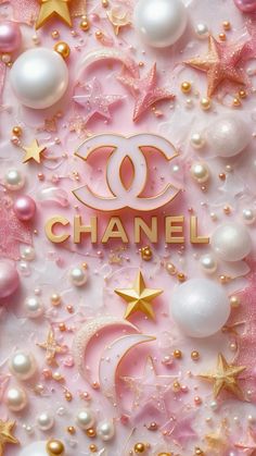 the chanel logo is surrounded by pearls, stars and confetti in pink