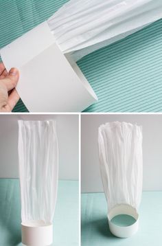 three pictures showing how to make a vase with tissue paper and glue on the bottom