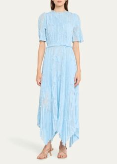 Jason Wu Collection Pleated Floral Fil Coupe Long Handkerchief Dress - Bergdorf Goodman Handkerchief Dress, Jewel Neckline, Handkerchief Hem, Jason Wu, Bergdorf Goodman, Sky Blue, Full Length, Tops Designs, Top Brands