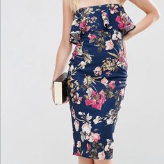 Nwt Beautiful Floral Midi Dress Elegant Blue Floral Dress With Ruffles, Floral Midi Dress With Ruffles For Party, Party Floral Midi Dress With Ruffles, Blue Knee-length Floral Party Dress, Feminine Blue Floral Dress With Ruffles, Blue Floral Print Midi Dress For Date Night, Blue Floral Midi Dress For Date Night, Spring Floral Dress With Ruffles For Date Night, Chic Blue Floral Dress With Ruffles