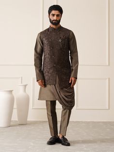 Up your style game with this Mehandi Green Color jacket, uniquely designed and embroidered all over by hand and machine Work . Comes with a Cowl Kurta with frills and fitted Trouser to give a more refined and sophisticated look  The Nehru jacket and kurta pyjama set are crafted from excellent art silk fabric.  NOTE:Cost Includes Stitched Kurta, Nehru Jacket & Matching Pyjama mens kurta pyjama with Nehru jacket,wedding kurta pyjama with nehru jacket,kurta pajama with nehru jacket for wedding,latest kurta pajama with nehru jacket Brown Nehru Jacket For Men, Diwali Nehru Jacket With Chikankari Embroidery For Groom, Bollywood Style Nehru Jacket For Festive Groom, Festive Nehru Jacket With Chikankari Embroidery For Groom, Traditional Nehru Jacket With Stand Collar For Eid, Eid Nehru Jacket With Chikankari For Groom, Stand Collar Sherwani For Diwali, Eid Nehru Jacket With Zari Work And Stand Collar, Kurta Pyjama Men