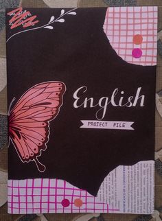 an english project file with a butterfly and checkered paper on it's cover