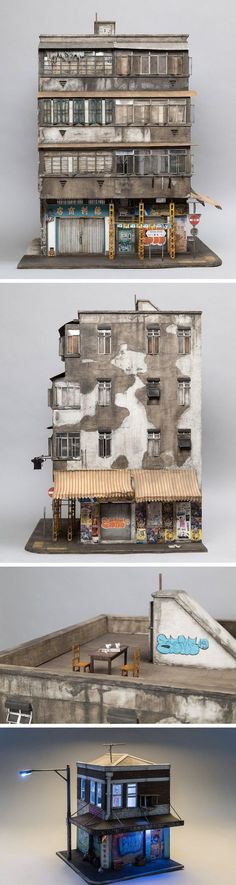 three different views of an old building with windows and balconies on the roof