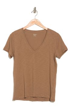 Pair this classic short sleeve V-neck t-shirt with your favorite shorts or jeans for everyday style. 24" length (size M) V-neck Short sleeves Solid Slub knit construction 100% cotton Machine wash Imported Summer V-neck Washed Tops, Cotton V-neck T-shirt For Everyday, Everyday Cotton V-neck T-shirt, Soft-washed V-neck T-shirt Relaxed Fit, Brown Cotton V-neck Top, Brown Washed Short Sleeve Tops, Soft-washed Cotton V-neck Tops, Soft-washed V-neck T-shirt For Summer, Brown Washed Short Sleeve T-shirt