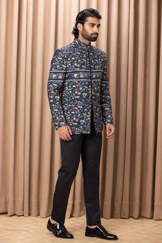 Navy blue jacket style bandhgala with floral and animal digital printed hand painted pattens. Comes with Chinese collar shirt and black trouser.
Component: 3
Pattern: Printed
Type Of Work: Animal, Floral Patterns
Neckline: Mandarin Collar
Sleeve Type: Straight Long
Fabric: Cotton and Silk, Lining: Cotton
Color: Blue
Other Details: 
Concealed button placket kurta
Occasion: Sangeet - Aza Fashions Blue Jacket Style, Chinese Collar Shirt, Chinese Collar, Navy Blue Jacket, Botanical Print, Collar Shirt, Blue Jacket, Floral Patterns, Mandarin Collar