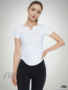 Zlily - Womens Solid-color V-neck Quick-drying Short-sleeved T-shirt - Perfect for Sports, Fitness, Yoga, and Running - Premium Activewear Sporty Stretch V-neck Tops, Stretch V-neck Activewear For Yoga, Breathable Stretch V-neck Activewear, Stretch Go-dry V-neck Top, Sporty V-neck Yoga Tops, Stretch V-neck Top With Go-dry Technology, Fitted V-neck Top For Gym, Fitted V-neck Gym Top, Breathable Stretch V-neck Top