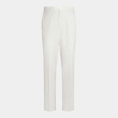 Elevate your look with these high-rise, off-white pants, regular fit with a straight leg. Features include flat front, zip fly, and a discreet after-dinner split for comfort. White Slim Fit Straight Pants, White Slim Fit Bottoms For Business Casual, Elegant White Straight Dress Pants, White Slim Fit Straight Leg Pants, White Slim Fit Straight Leg Dress Pants, White Slim Fit Trousers, Classic White Tapered Leg Bottoms, White Straight Leg Dress Pants For Business Casual, Classic White Wide Leg Pants