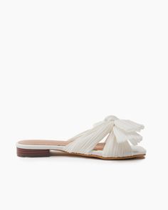 Pleated-Bow-Open-Toe-Comfort-Slip-on-Slide-Flat-Sandals Elegant Closed Toe Sandals For Vacation, White Low Heel Sandals For Beach, Adjustable Low Heel Summer Sandals, Adjustable Low Heel Sandals For Summer, Elegant Summer Beach Flats, Synthetic Low Heel Flats For Summer, White Flat Heels For Beach, Elegant Flat Sandals For Vacation, Chic Synthetic T-strap Sandals For Beach