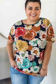 Capri Floral Tee - Navy #tops #tshirt #fashion #ad #plussize #floral Navy Tops