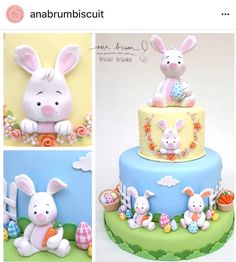 there is a cake decorated with bunnies and rabbits