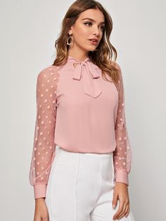 Baby Pink Elegant  Long Sleeve Polyester Polka Dot Top  Non-Stretch Spring Women Tops, Blouses & Tee Western Top, Ruffle Neck Blouse, Raglan Sleeve Top, Tie Neck Blouse, Elegant Blouses, Mesh Sleeves, 가을 패션, White Pants, Trendy Fashion Women