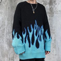 Vintage Blue Flame Sweater Blue Oversized Crew Neck Outerwear, Oversized Blue Crew Neck Outerwear, Blue Fall Streetwear Sweater, Flame Sweater Outfit, Blue Flame Outfit, Blue Alt Outfits, Blue Sweater Aesthetic, Blue Flame Sweater, Flame Sweater