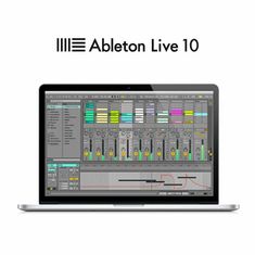 an open laptop computer sitting on top of a white surface with the words ableton live 10 in front of it