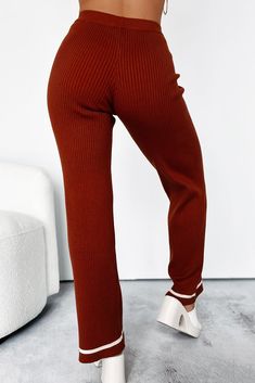 52% RAYON, 28% POLYESTER, 20% NYLON Model Wearing Size Small Color: Rust Ribbed Knit Material High Rise Stripe Ankle Detail Straight Leg Fit Pant Has Stretch 11.5" High Rise 29.5" Inseam For Model Size Specs Please Check Size Charts Launched: 9/16/24 Ribbed Bottoms For Fall, Ribbed Workwear Pants For Winter, Ribbed Winter Work Pants, Winter Workwear Ribbed Pants, Brown Knit Bottoms For Fall, Solid Ribbed Winter Pants, Ribbed Knit Bottoms For Fall, Fitted Ribbed Knit Pants, Casual Ribbed Brown Bottoms