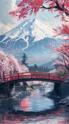 a painting of a bridge over a river in front of a mountain with pink flowers