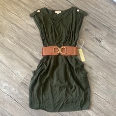 Brand New! Great Casual Dress For Summer New To Poshmark? Use My Code Christieleeoc To Save $10! Casual Belted Mini Dress For The Beach, Chic Khaki Vacation Dresses, Casual Mini Dress With Belt For Day Out, Casual Sleeveless Khaki Dress, Casual Olive Dress For Day Out, Casual Khaki Sleeveless Dress, Chic Khaki Mini Dress For Summer, Casual Olive Knee-length Dress, Olive Fitted Casual Dress