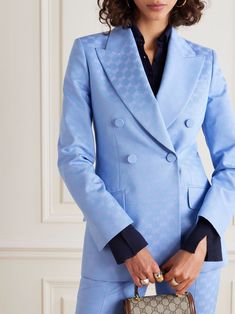 GUCCI Double-breasted jacquard blazer | NET-A-PORTER Tailored Gucci Outerwear For Spring, Chic Fitted Gucci Blazer, Classic Gucci Blazer For Spring, Gucci Classic Blazer For Spring, Luxury Gucci Blazer For Spring, Gucci Tailored Double-breasted Blazer, Gucci Double-breasted Formal Blazer, Gucci Blue Outerwear For Spring, Gucci Blue Spring Outerwear