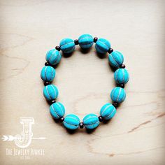 Blue Turquoise Melon Beaded Stretch Bracelet Blue And Wood, Boho Western Style, Earrings Bead, Howlite Stone, Wood Bracelet, Packing Jewelry, Metallic Hair, Beaded Stretch Bracelet, Cuff Earrings