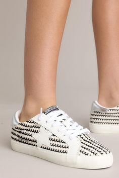 Step up your sneaker game with the Vintage Havana Flair 45 black and white crochet sneakers! These stylish kicks feature a unique crochet design that adds a touch of flair to your outfit. With a comfortable fit and trendy look, these sneakers are perfect for those who want to make a statement. These black and white shoes feature a rounded toe, no-tie laces, replacement laces, star detailing , and a thick sole. Spring Streetwear Platform Sneakers With Woven Sole, Low-top Platform Sneakers With Woven Sole For Streetwear, Streetwear Platform Sneakers With Woven Sole, Low-top Woven Sole Platform Sneakers For Streetwear, Casual Sneakers With Textured Upper And White Sole, Textile Lace-up Sneakers With Textured Upper, Casual Textured Sneakers For Spring, Spring Sneakers With Textured Upper And Lace-up, Spring Textured Low-top Sneakers