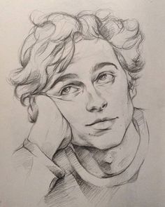 a pencil drawing of a man with curly hair on his head and hands behind his ear