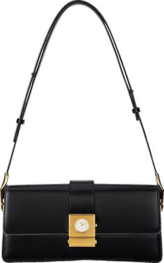 Luxury Rectangular Baguette Bag With Adjustable Strap, Luxury Black Baguette Bag With Adjustable Strap, Luxury Baguette Bag With Gold-tone Hardware For Travel, Designer Baguette Shoulder Bag With Adjustable Strap, Black Designer Baguette Bag With Gold-tone Hardware, Designer Black Baguette Bag With Gold-tone Hardware, Black Leather Baguette Bag With Branded Hardware, Luxury Baguette Shoulder Bag With Detachable Strap, Luxury Leather Baguette Bag With Adjustable Strap